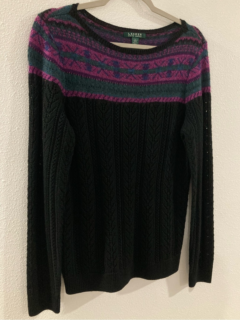 Lauren Ralph Lauren Fair Isle Sweater Open Knit Wool Women’s Large Black Purple